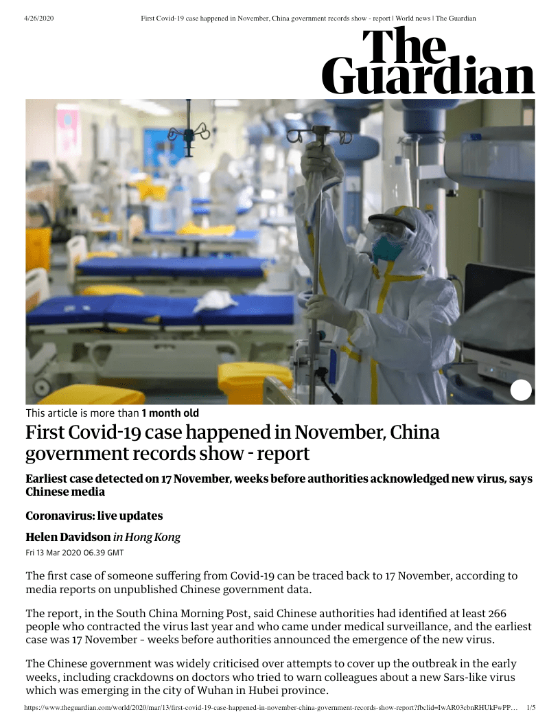 First Covid-19 case happened in November, China government records show - report _ World news _ The Guardian