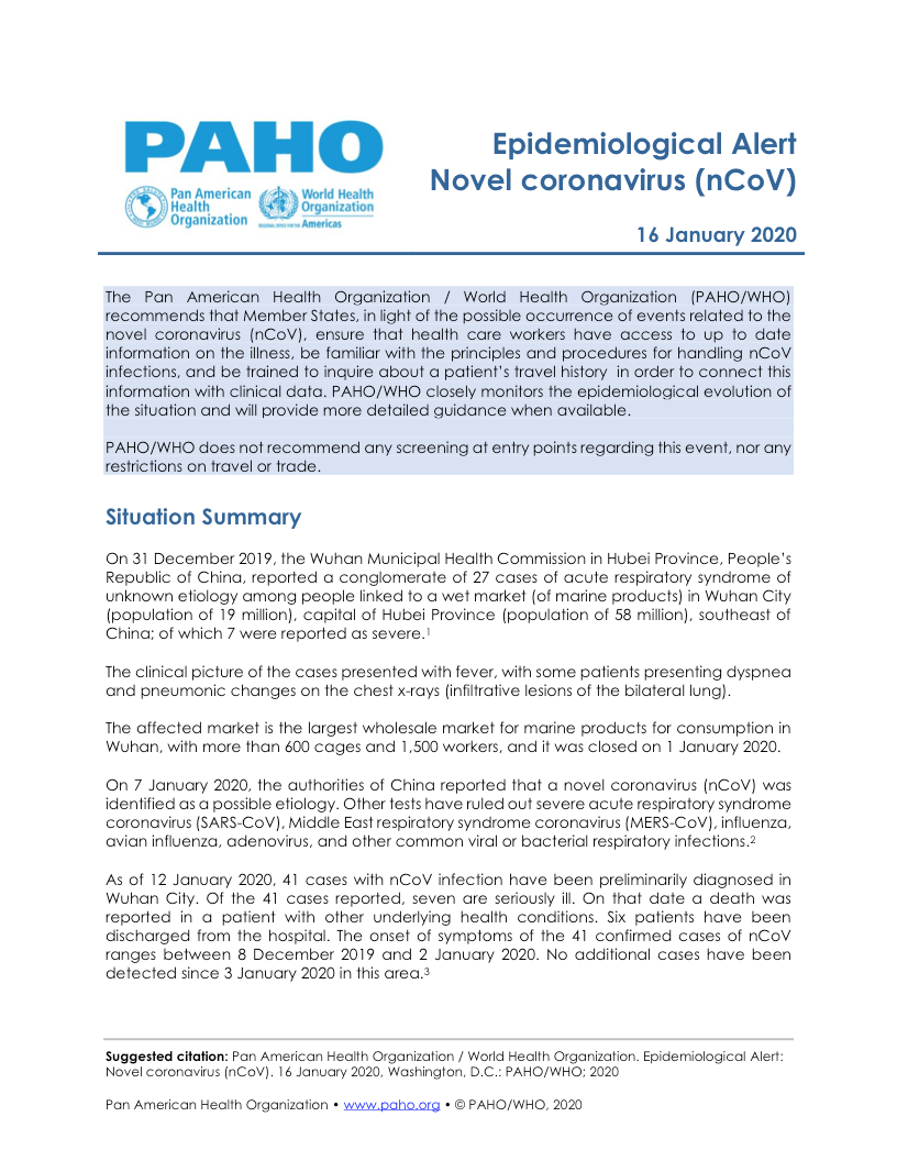 PAHO Alert January 16, 2020