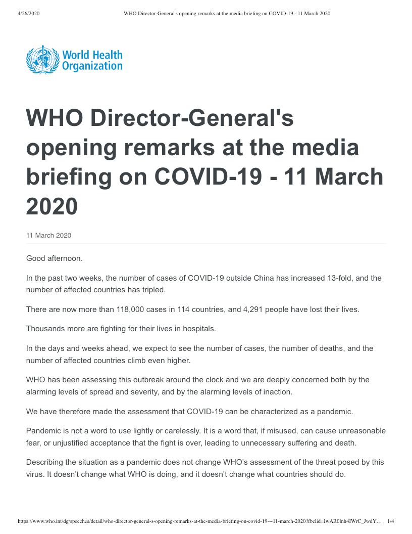 WHO Director-General's opening remarks at the media briefing on COVID-19 - 11 March 2020