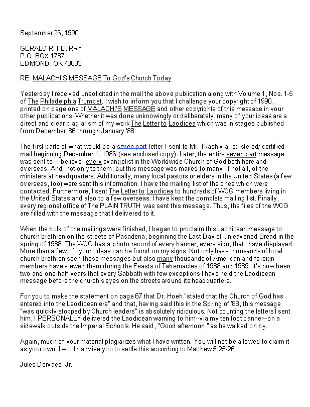 Jules Dervaes letter to GRF